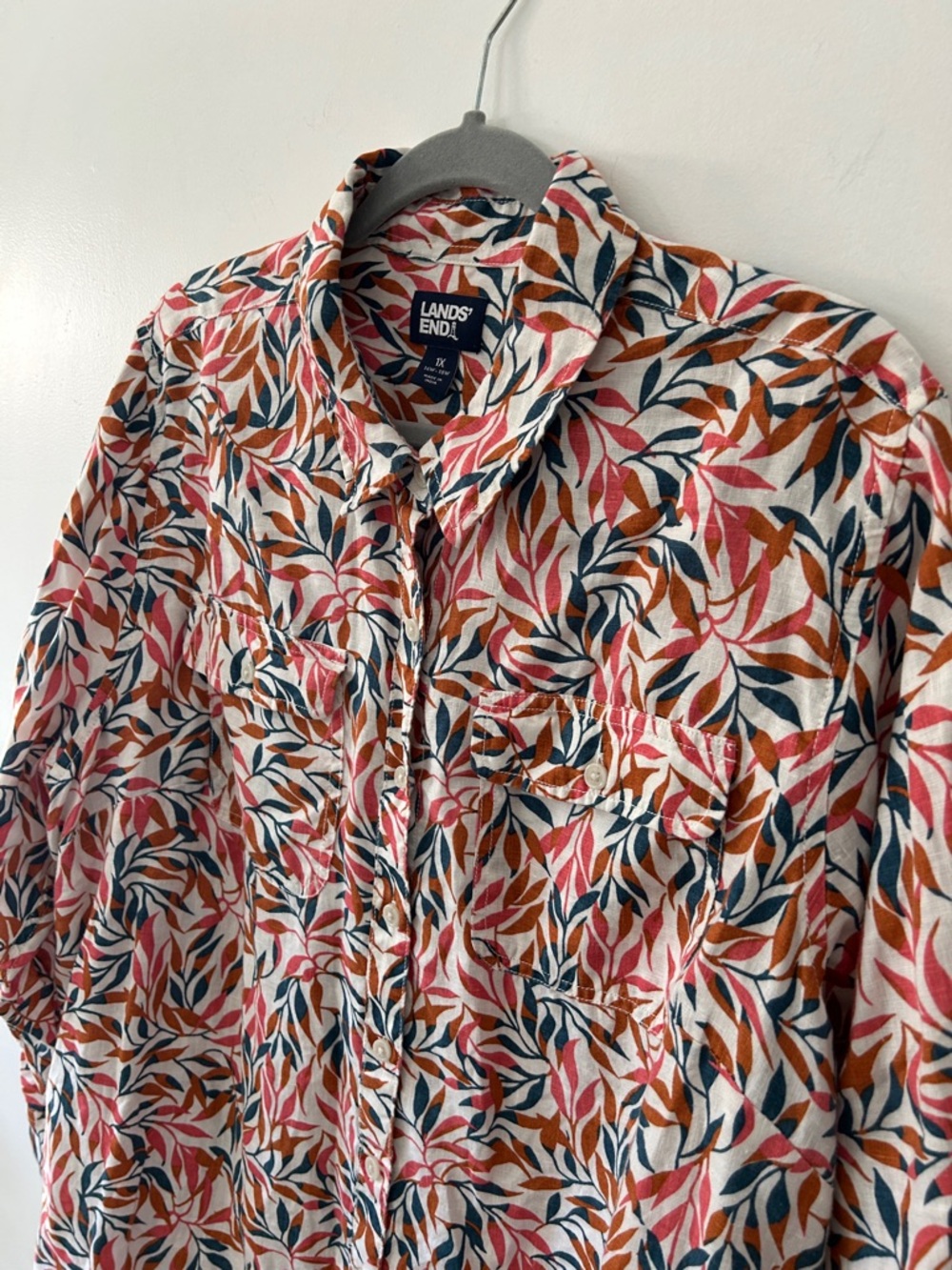 Lands' End A Line Linen Tunic Women’s XL Floral Leaf Print Button Up Resort Wear - Picture 6 of 16